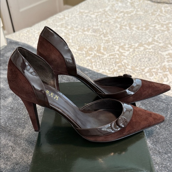 Ralph Lauren Dark Brown Suede/Patent Heels - Picture 4 of 5